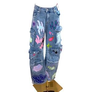 NWT Akiria Graffiti Jeans Women's M Blue Multi-Graphic Denim Y2K